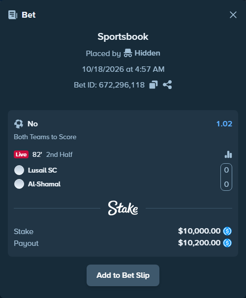 Bet slip: Lusail SC - Al-Shamal, $10,000.00 stake at 1.02 odds, placed by Hidden