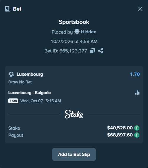 Bet slip: Luxembourg - Bulgaria, $40,528.00 stake at 1.70 odds, placed by Hidden
