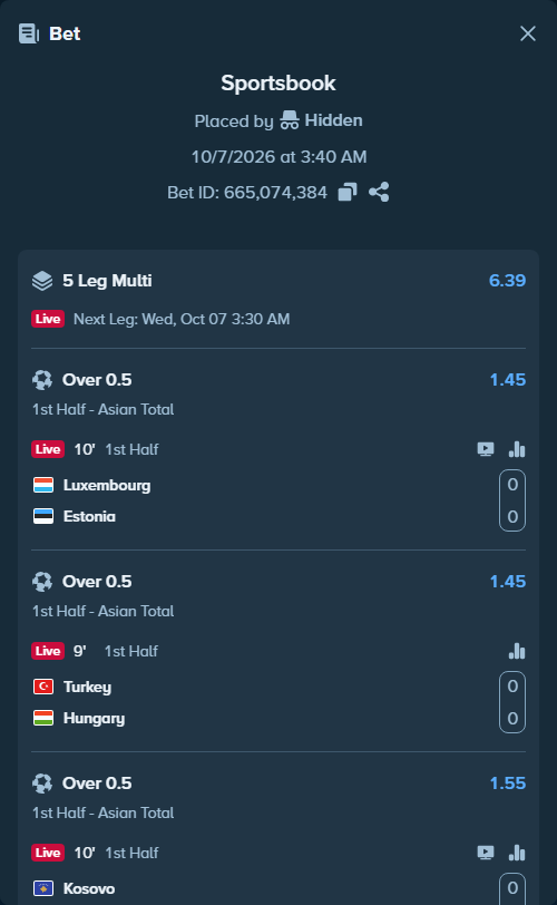 Bet slip: Luxembourg - Estonia, $17,036.21 stake at 1.45 odds, placed by Hidden