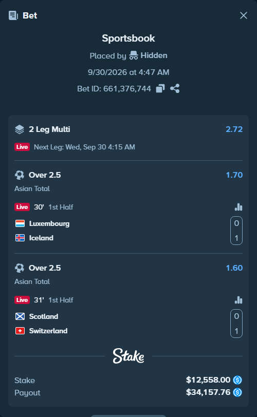 Bet slip: Luxembourg - Iceland, $12,558.00 stake at 1.70 odds, placed by Hidden