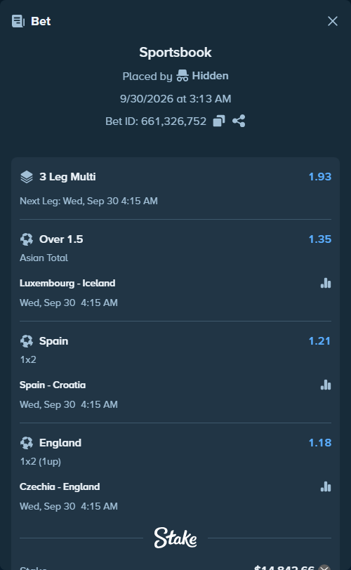 Bet slip: Luxembourg - Iceland, $21,998.90 stake at 1.35 odds, placed by Hidden