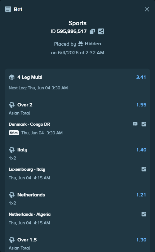 Bet slip: Luxembourg - Italy, $19,999.98 stake at 1.40 odds, placed by Hidden