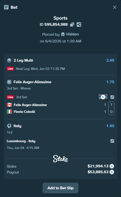 Bet slip: Luxembourg - Italy, $22,023.00 stake at 1.40 odds, placed by Hidden