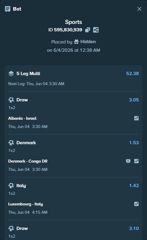 Bet slip: Luxembourg - Italy, $25,060.00 stake at 1.42 odds, placed by Hidden