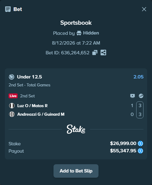 Bet slip: Luz O / Matos R - Andreozzi G / Guinard M, $26,999.00 stake at 2.05 odds, placed by Hidden