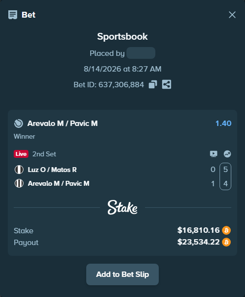 Bet slip: Luz O / Matos R - Arevalo M / Pavic M, $16,798.23 stake at 1.40 odds, placed by messrjaysr