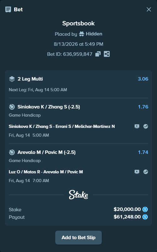 Bet slip: Luz O / Matos R - Arevalo M / Pavic M, $20,000.00 stake at 1.74 odds, placed by Hidden