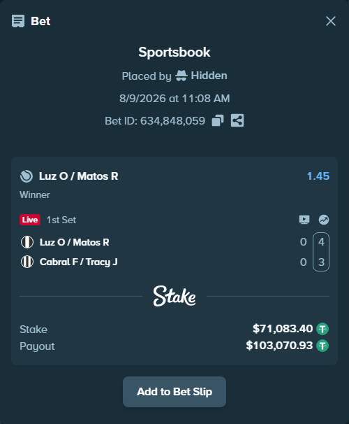 Bet slip: Luz O / Matos R - Cabral F / Tracy J, $71,154.48 stake at 1.45 odds, placed by Hidden