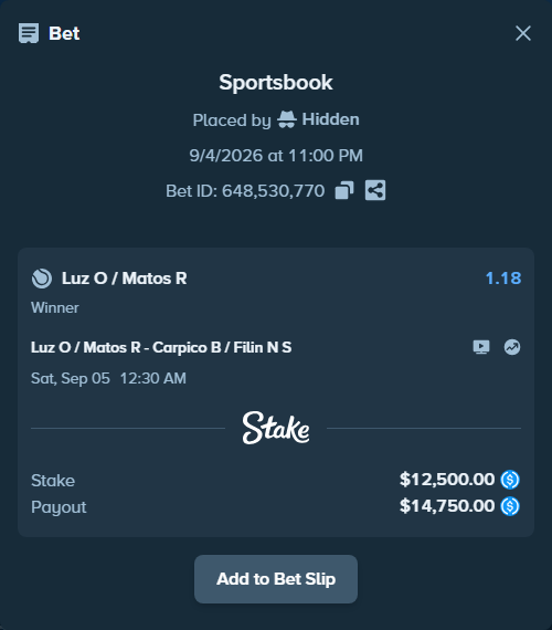 Bet slip: Luz O / Matos R - Carpico B / Filin N S, $12,500.00 stake at 1.18 odds, placed by Hidden
