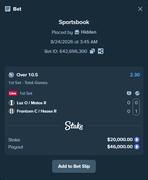 Bet slip: Luz O / Matos R - Frantzen C / Haase R, $20,020.71 stake at 2.30 odds, placed by Hidden