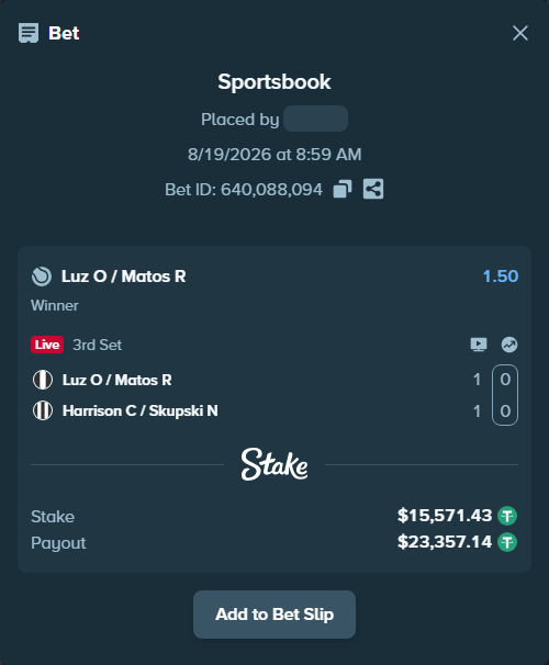 Bet slip: Luz O / Matos R - Harrison C / Skupski N, $15,587.00 stake at 1.50 odds, placed by antoniku