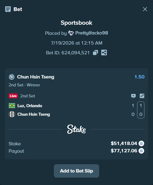 Bet slip: Luz, Orlando - Chun Hsin Tseng, $49,920.30 stake at 1.50 odds, placed by Prettylfacko98