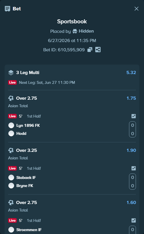 Bet slip: Lyn 1896 FK - Hoedd IL, $20,000.00 stake at 1.75 odds, placed by Hidden