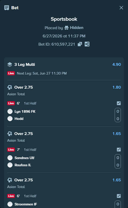 Bet slip: Lyn 1896 FK - Hoedd IL, $20,000.00 stake at 1.80 odds, placed by Hidden