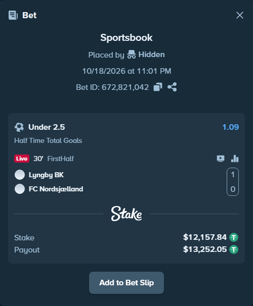 Bet slip: Lyngby BK - Nordsjaelland, $12,170.00 stake at 1.09 odds, placed by Hidden