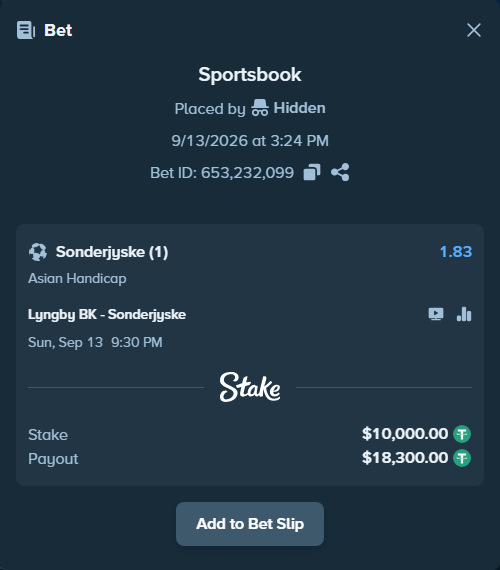 Bet slip: Lyngby BK - Soenderjyske, $10,000.00 stake at 1.83 odds, placed by Hidden