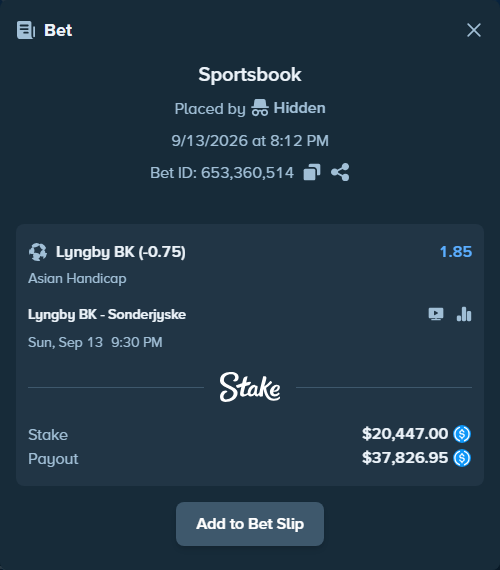 Bet slip: Lyngby BK - Soenderjyske, $20,447.00 stake at 1.85 odds, placed by Hidden
