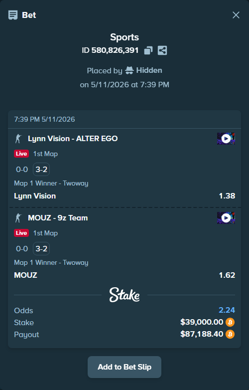 Bet slip: Lynn Vision - Alter Ego, $30,915.67 stake at 1.38 odds, placed by Hidden