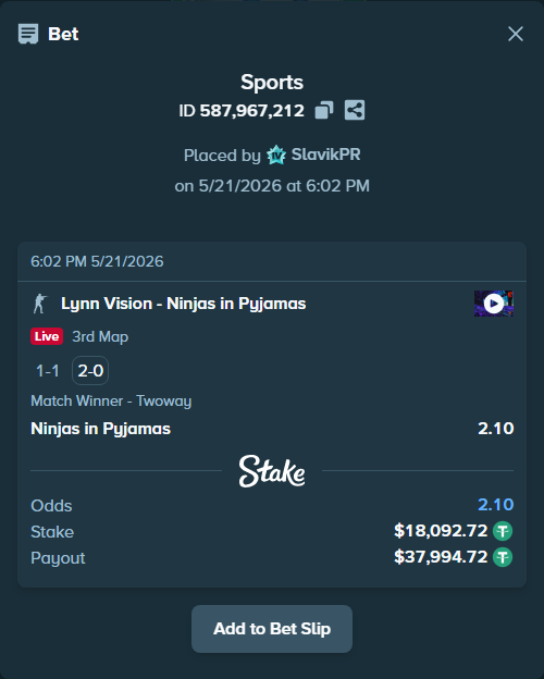 Bet slip: Lynn Vision - Ninjas in Pyjamas, $18,110.82 stake at 2.10 odds, placed by SlavikPR