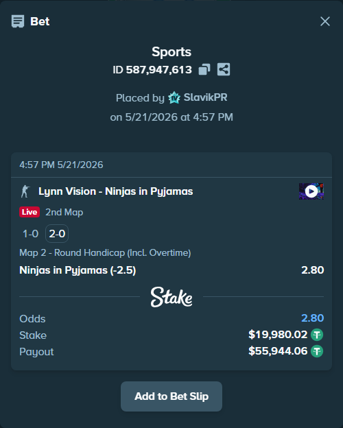 Bet slip: Lynn Vision - Ninjas in Pyjamas, $20,000.00 stake at 2.80 odds, placed by SlavikPR
