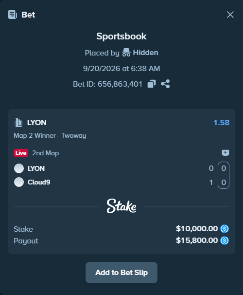 Bet slip: LYON - Cloud9, $10,000.00 stake at 1.58 odds, placed by Hidden