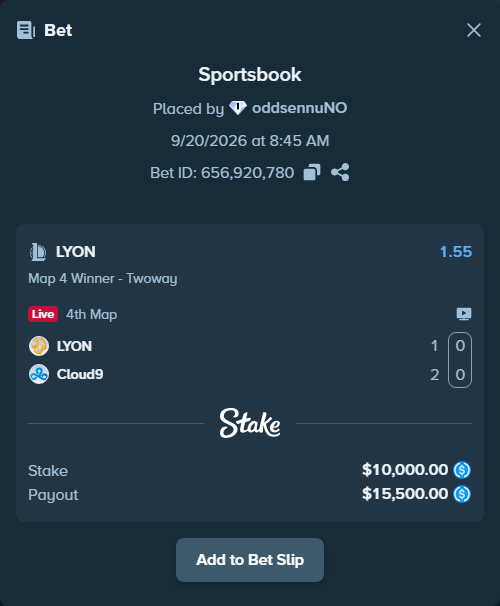 Bet slip: LYON - Cloud9, $10,000.00 stake at 1.55 odds, placed by oddsennuNO