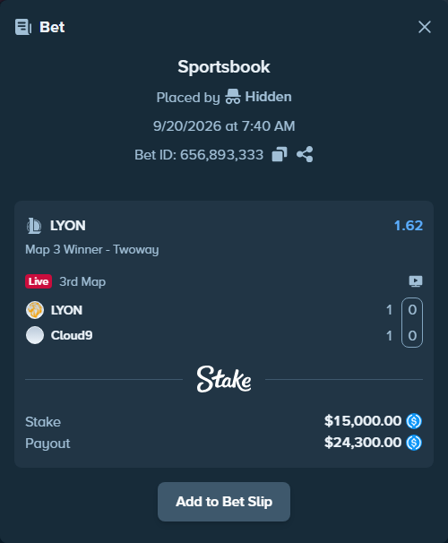 Bet slip: LYON - Cloud9, $15,000.00 stake at 1.62 odds, placed by Hidden