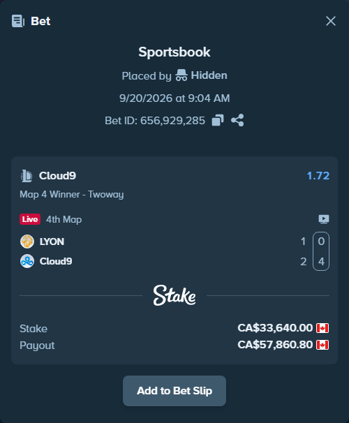 Bet slip: LYON - Cloud9, $24,893.60 stake at 1.72 odds, placed by Hidden