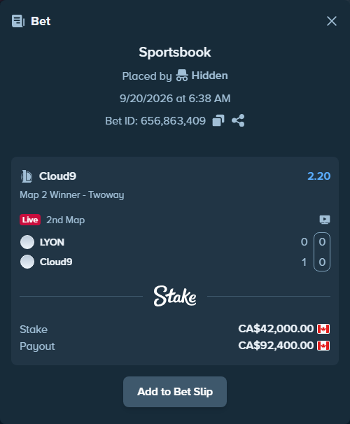 Bet slip: LYON - Cloud9, $31,080.00 stake at 2.20 odds, placed by Hidden