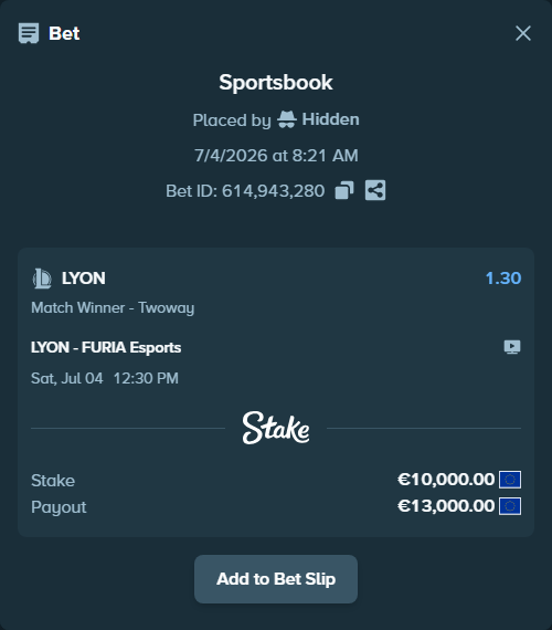 Bet slip: LYON - FURIA Esports, $10,800.00 stake at 1.30 odds, placed by Hidden