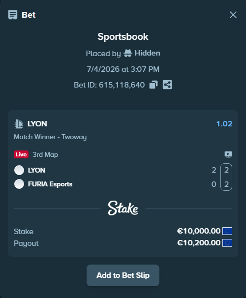 Bet slip: LYON - FURIA Esports, $10,800.00 stake at 1.02 odds, placed by Hidden