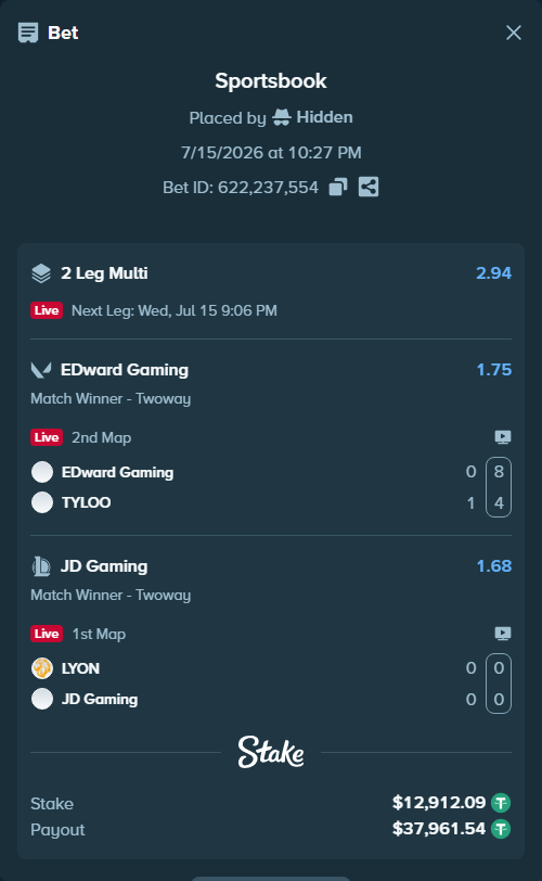 Bet slip: LYON - JD Gaming, $12,925.00 stake at 1.68 odds, placed by Hidden