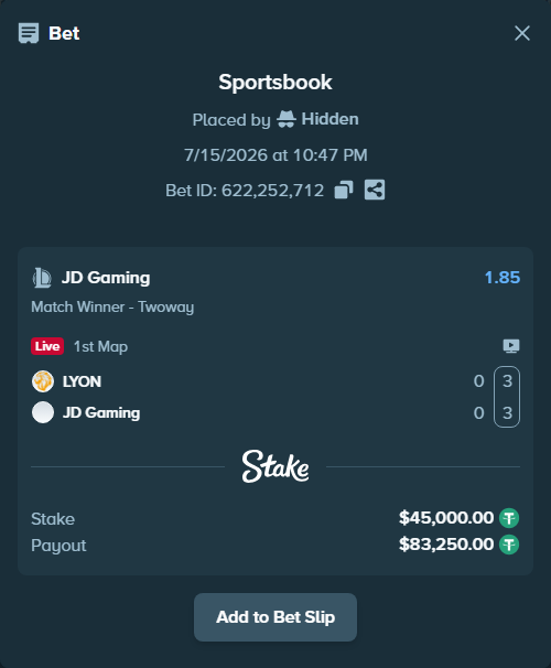 Bet slip: LYON - JD Gaming, $45,045.00 stake at 1.85 odds, placed by Hidden