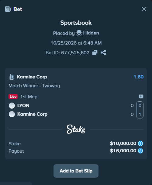 Bet slip: LYON - Karmine Corp, $10,000.00 stake at 1.60 odds, placed by AdrewTate