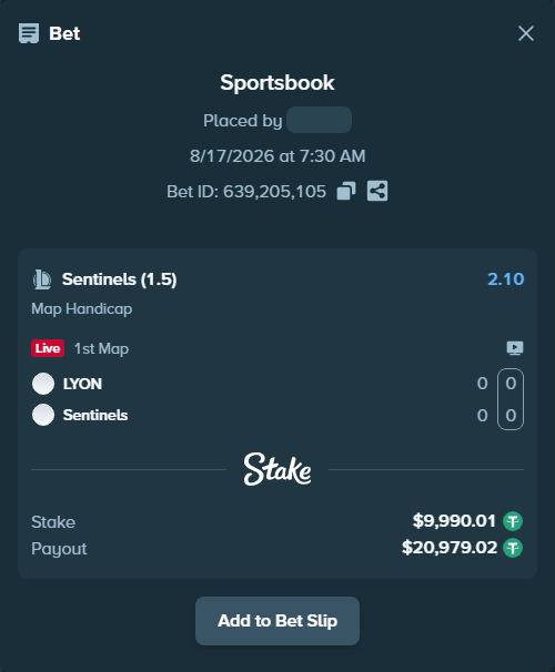 Bet slip: LYON - Sentinels, $10,000.00 stake at 2.10 odds, placed by fantasy7788
