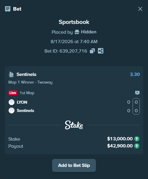 Bet slip: LYON - Sentinels, $13,013.00 stake at 3.30 odds, placed by Hidden