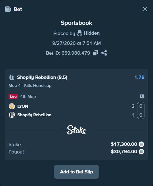 Bet slip: LYON - Shopify Rebellion, $17,270.18 stake at 1.78 odds, placed by Hidden