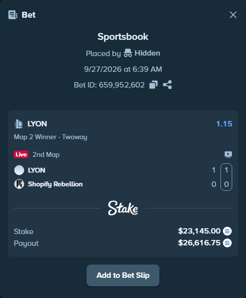 Bet slip: LYON - Shopify Rebellion, $23,408.19 stake at 1.15 odds, placed by Hidden
