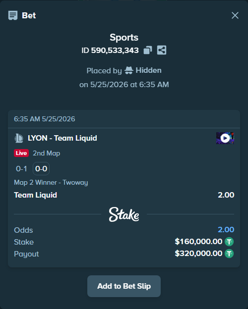 Bet slip: LYON - Team Liquid, $160,000.00 stake at 2.00 odds, placed by Hidden