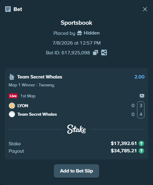 Bet slip: LYON - Team Secret Whales, $17,410.00 stake at 2.00 odds, placed by Hidden
