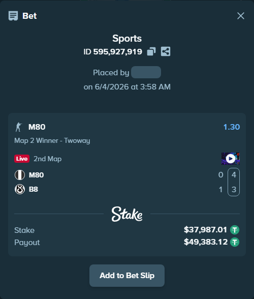 Bet slip: M80 - B8, $38,025.00 stake at 1.30 odds, placed by DooDLeZ1love