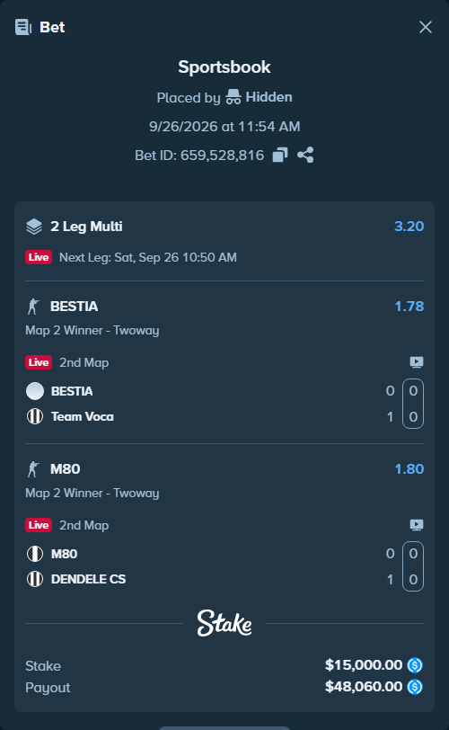 Bet slip: M80 - DENDELE CS, $15,000.00 stake at 1.80 odds, placed by Hidden