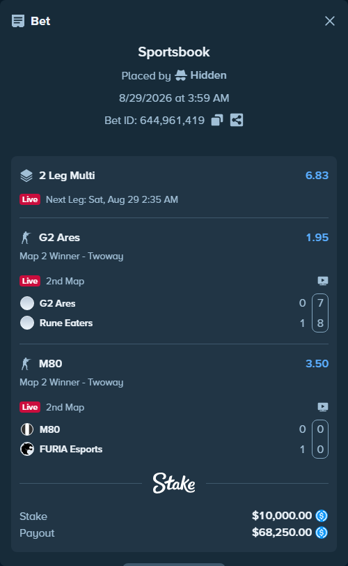 Bet slip: M80 - FURIA Esports, $10,000.00 stake at 3.50 odds, placed by Hidden
