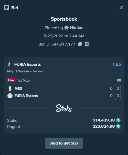 Bet slip: M80 - FURIA Esports, $14,439.38 stake at 1.65 odds, placed by Hidden