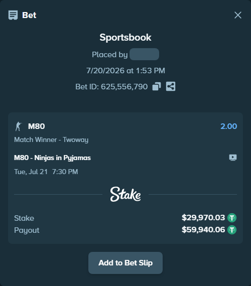 Bet slip: M80 - Ninjas in Pyjamas, $30,000.00 stake at 2.00 odds, placed by oxorona