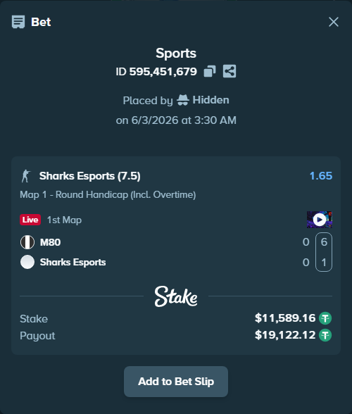 Bet slip: M80 - Sharks Esports, $11,600.75 stake at 1.65 odds, placed by Hidden