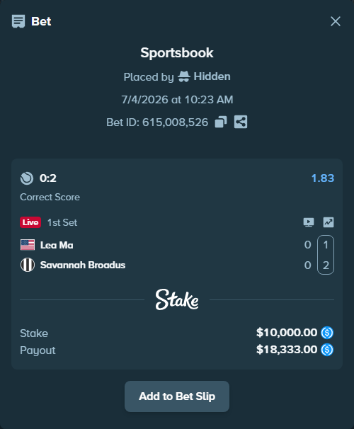 Bet slip: Ma, Lea - Broadus, S, $10,000.00 stake at 1.83 odds, placed by Hidden
