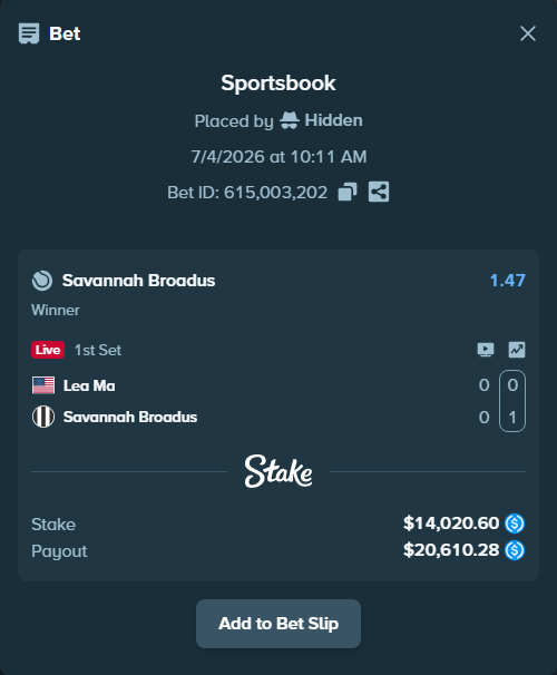 Bet slip: Ma, Lea - Broadus, S, $14,020.60 stake at 1.47 odds, placed by Hidden