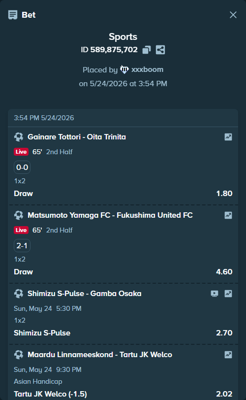 Bet slip: Maardu Linnameeskond - Tartu JK Welco, $22,618.05 stake at 2.02 odds, placed by xxxboom