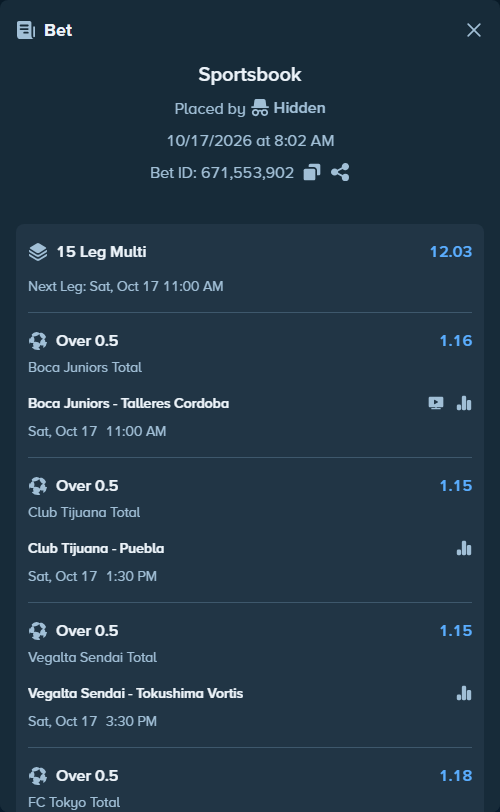Bet slip: Macarthur FC - Perth Glory, $10,010.00 stake at 1.16 odds, placed by Hidden